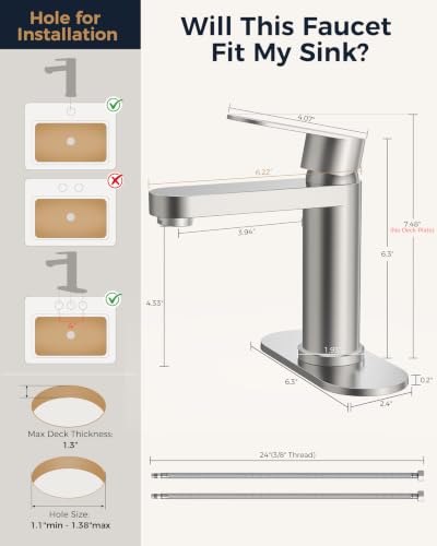 FORIOUS Bathroom Faucet 1 Hole, Single Handle Vanity Faucet Brushed Nickel | Bathroom Sink Faucet with Deck Plate, Fits 1 Hole and 4-Inch 3 Hole Install, for RV Vanity Lavatory Restroom Camper - color: Brushed Nickel