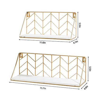 ZGZD White and Gold Floating Shelves Set of 2, Modern Geometric Wall Shelf for Bathroom, Bedroom,Kitchen, Office，Living Room Decor
