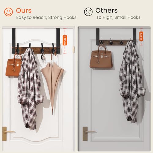 Homode Over The Door Hooks Heavy Duty, Wood Over Door Hanger Hook with Coat Hooks for Hanging Towels, Clothes, Hats, Bags - Rustic Brown Black - color: Rustic Brown