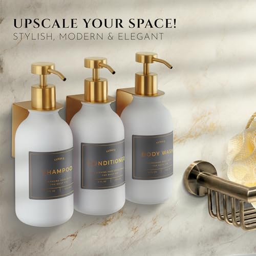 Shower Shampoo Dispenser Wall Mounted – 3 Refillable 16.9 oz White Bottles with Stainless Steel Pumps & No-Drill Adhesive Holders – Soap Dispenser Set for Bathroom (3 X White/Gold) - color: 3 X White/Gold