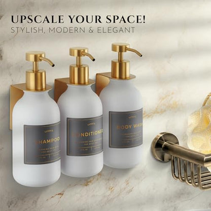 Shower Shampoo Dispenser Wall Mounted – 3 Refillable 16.9 oz White Bottles with Stainless Steel Pumps & No-Drill Adhesive Holders – Soap Dispenser Set for Bathroom (3 X White/Gold) - color: 3 X White/Gold