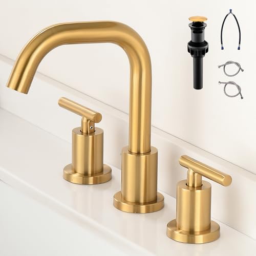 Brushed Gold Bathroom Faucet for Sink 3 Hole, 8 inch Widespread Bathroom Faucets | Brass Gold Vanity Faucets with 360° Swivel Spout 2 Handle Gold Sink Faucet with Drain & Supply Hoses - color: Brushed Gold