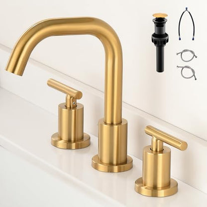 Brushed Gold Bathroom Faucet for Sink 3 Hole, 8 inch Widespread Bathroom Faucets | Brass Gold Vanity Faucets with 360° Swivel Spout 2 Handle Gold Sink Faucet with Drain & Supply Hoses - color: Brushed Gold