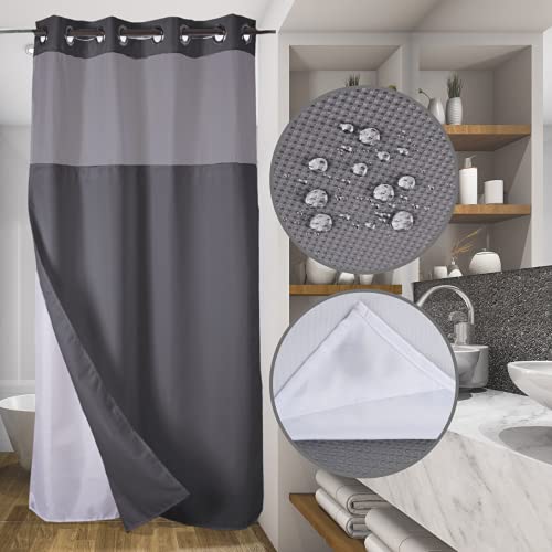 48" W x 74“ L Hook Free Fabric Stall Shower Curtain with Polyester Snap-in Liner with Magnets–Hotel Quality Top See Through Grey - color: Grey, size: 48"W x 74"L (Pack of 1)