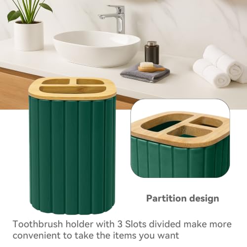 Bathroom Accessories Set, 2PCS Dark Green Soap Dispenser, Toothbrush Holder | Bamboo Bathroom Sets Accessories, Bathroom Set Striped - color: Green