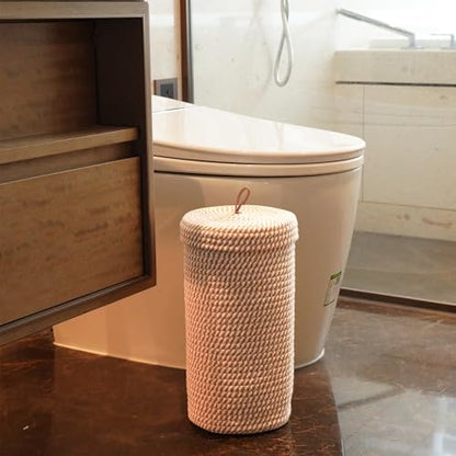 Toilet Paper Holder Handmade – Woven Cotton Toilet Paper Stand & Storage Basket with Lid, Freestanding Organizer for Bathroom, Fits 3 Mega Rolls Gradient Brown 14'' x 7'' - color: Cream Brown