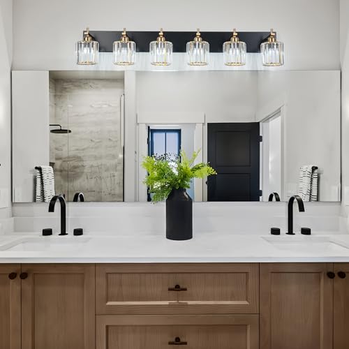 6-Light Crystal Bathroom Vanity Light, Modern Black Gold Bathroom Light Fixtures Over Mirror Crystal Wall Lighting with Polished Gold Finish - color: Black Gold-Round Shade, size: 6-Light