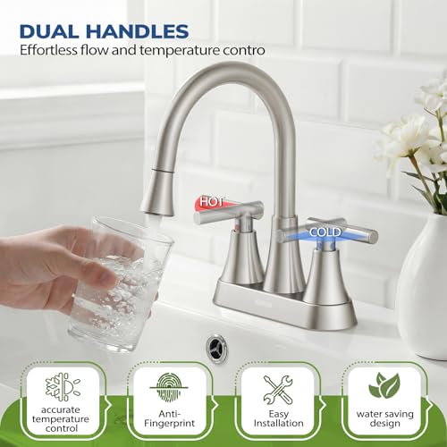Centerset Bathroom Faucet with Pull Out Sprayer, 4 Inch 2 Handle Sink Faucet with Pop Up Drain, Stainless Steel Vanity Faucet with 2 Supply Hoses, Brushed Nickel - color: Brushed Nickel, size: 4 IN