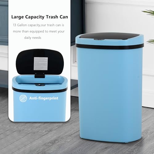 Automatic 13 Gallon Trash Can,Soft Close Large Garbage Can with Lid,Indoor Smart Trashcans for Kitchen,Waterproof Trashcans for Kitchen,Touch-Free Trash Can,Blue - color: Blue, style: 1 piece
