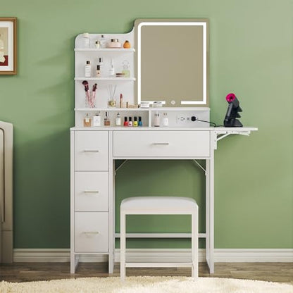 ALEXNUTRE Makeup Vanity Desk with Mirror and Lights, 36.6" Small Makeup Vanity with 4 Fabric Storage Drawer & Chair & Shelves, White Vanity with Fold-up Panel and Power Outlet for Bedroom - style: Milk White