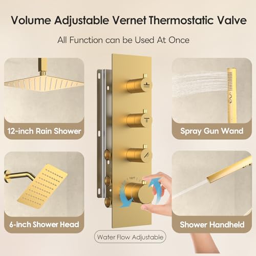Shower Faucet Set,Thermostatic Shower System Brushed Gold,12 Inch Ceiling Mounted and 6 Inch Wall Mount Rain Shower Head with 2 in 1 Handhled,High Pressure Dual Shower Head Combo Set - color: Gold, size: 12"-1