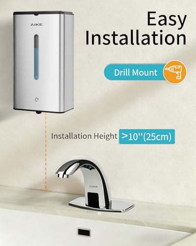 AIKE Automatic Foaming Soap Dispenser 33.8oz for Bathroom,Brushed AK1207FA | Rich Foam and Steel Finish,5-Level Adjustable and Key for Commercial(Battery Not Included),Screw Wall Mount for Space-Saving - color: Brushed Stainless Steel