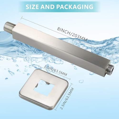 Ceiling Mounted Shower Arm with Flange, Universal Connection 1/2 NPT Straight, Made of Thicken Stainless Steel, Square Extension Arm for Fixed Rain Shower Head(8 Inch,Brushed Nickel) - color: Brushed Nickel, style: 8 Inch