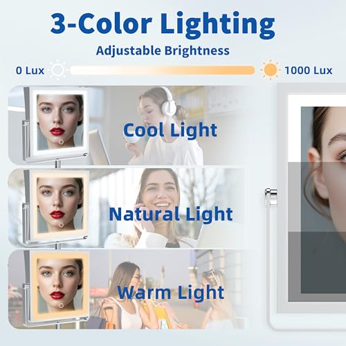 Ruacq Wall Mounted Makeup Mirror with Lights 1X/10X Dual Sided Chrome | 8",4000mAh Rechargeable,Magnification,3 Color,Touch Screen Dimmable,360° Rotation Extension Foldable Arm, Square, Women Gift - color: Chrome