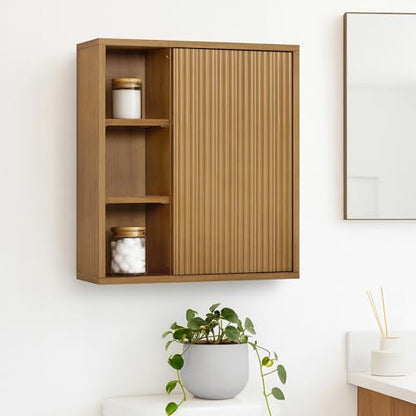 Teamson Home 22″ Wide Bathroom Wall Cabinet with Open Compartments & 1 Door with Fixed Interior Shelf, Wall Mounted Medicine Cabinet with Wooden Bracket for Mounting, Fluted Finish in Natural Tone | Open Compartments, 1 Door with Fixed Interior Shelf, Woo