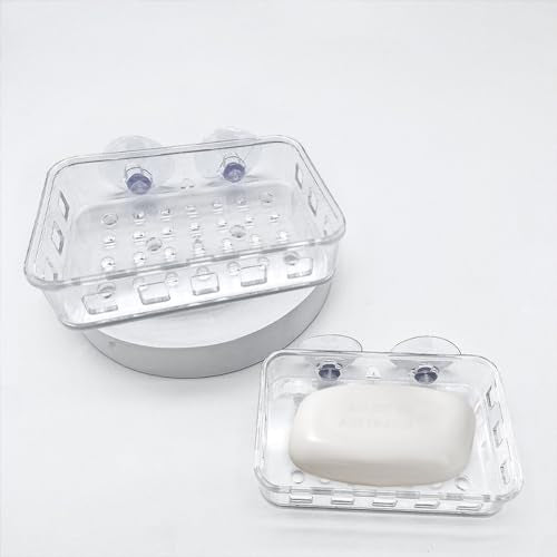 2 Pack Suction Cup Soap Dish Holder Soap Case Clear Acrylic Plastic Wall Mounted Shower Soap Holder Bathroom Kitchen Accessory Securely Holds Bar Soap, Sponge, and Toiletries
