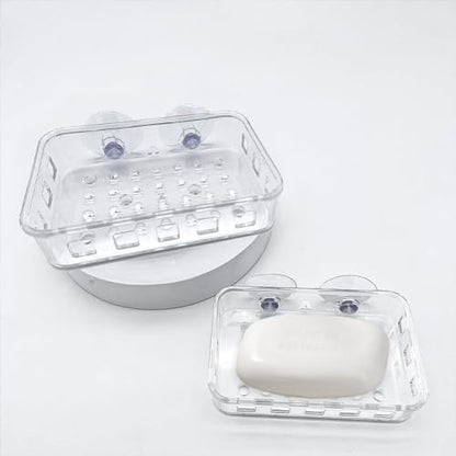 2 Pack Suction Cup Soap Dish Holder Soap Case Clear Acrylic Plastic Wall Mounted Shower Soap Holder Bathroom Kitchen Accessory Securely Holds Bar Soap, Sponge, and Toiletries