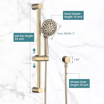 Hand Shower with Slide Bar, High Pressure 10 Setting Handheld Shower Head, Adjustable Height 24" Slide Bar, Wall Supply Elbow and 6.6ft Extra Long Shower Hose - Gold - color: Zirconium Gold
