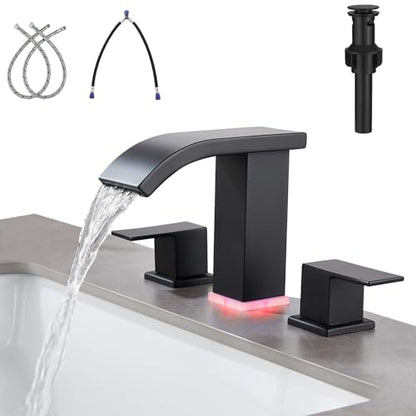 LED Light Bathroom Faucet Widespread 3 Holes - 8Inch Bathroom Sink Faucet | Two Handles Lavatory Vanity Sink Faucets with Pop-up Drain Assembly & Supply Lines - color: Matte Black