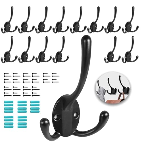 Wall Mounted Coat Hooks 15 Packs Heavy Duty Black Hardware Robe Hooks Decorative for Single Hanging Coats Towel Cubicle Classroom Kitchen Bath Backpack Hat Hook - color: 15PCS Black