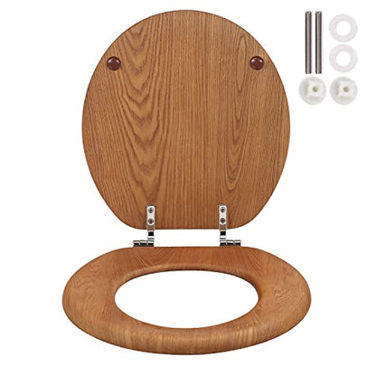 Wooden Toilet Seat Round with Metal Hinges, Wood Toilet Seat for American Standard Size Toilet Seats, Easy to Install