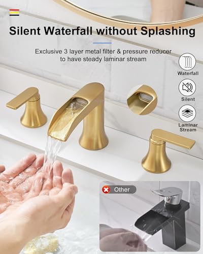 Brushed Gold Bathroom Faucet Waterfall, 4-16 Inch Brass Widespread Faucet for Bathroom Sink 3 Hole, 2 Handle Bathroom Sink Faucets for Modern Farmhouse Hotel with Pop-Up Drain & Supply Hose - color: Brushed Gold, style: WITH Pop Up Drain