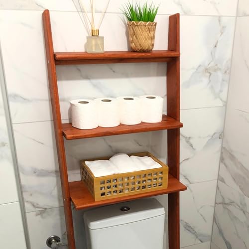 Over The Toilet Birch Wood Bathroom Organizer Shelves, 3-Tier Freestanding Above Toilet Storage Ladder Shelf, Standing Space Saver Behind Toilet Small Bathroom Organizer (Chestnut) - color: Chestnut