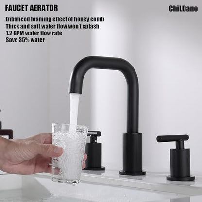 ChiLDano Black Sink Faucet Bathroom 3 Hole, 8 inch Black Faucet with Drain | 2 Handles 3 Hole Black Faucet for Bahtoom Sink, Bathroom Faucet Widespread for Vanity - color: Matte Black