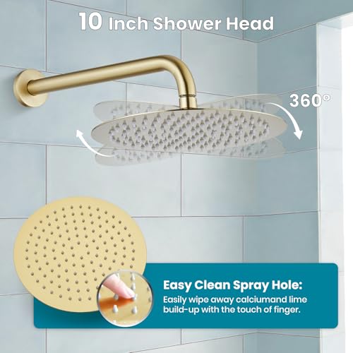 gotonovo Shower Faucet Set with Rough-in Valve Trim Kit,Brushed Gold | 10 Inch Round Rain Showerhead with Handheld Spray,Bathroom Wall Mount Shower System Complete Combo,2-in-1 Diverter,All Metal - color: Gold