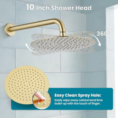 gotonovo Shower Faucet Set with Rough-in Valve Trim Kit,Brushed Gold | 10 Inch Round Rain Showerhead with Handheld Spray,Bathroom Wall Mount Shower System Complete Combo,2-in-1 Diverter,All Metal - color: Gold