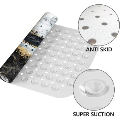 LNOND Marble Bath Tub Mat Non Slip, Extra Long 40 X 16 Inch Anti Slip Mat for Bathtub, Black Grey Marble Shower Mat with Drain Holes and Suction Cups, Machine Washable - color: Blue Marble