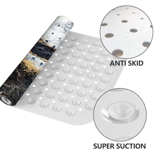 LNOND Marble Bath Tub Mat Non Slip, Extra Long 40 X 16 Inch Anti Slip Mat for Bathtub, Black Grey Marble Shower Mat with Drain Holes and Suction Cups, Machine Washable - color: Blue Marble