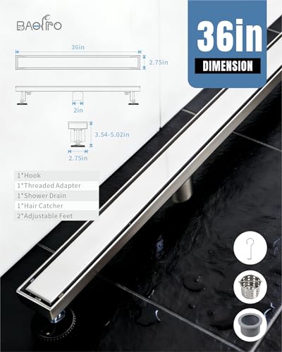36 Inch Brushed Stainless Steel Linear Shower Drain | CUPC Certified 2-in-1 Tile Insert for Curbless Showers. 304 Steel, 15.8GPM Flow. Includes Hair Catcher & Adjustable Feet. - color: Brushed Stainless, size: 36in