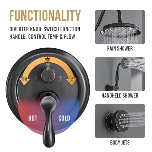 DASAN Antique Shower Faucet Set Complete Rain Shower System in Wall with Body Shower Spray Jets, Oil Rubbed Bronze Shower Fixtures with Rainfall Overhead Shower, Handheld, Valve & Trim Kit, AT249W-ORB - color: Oil Rubbed Bronze