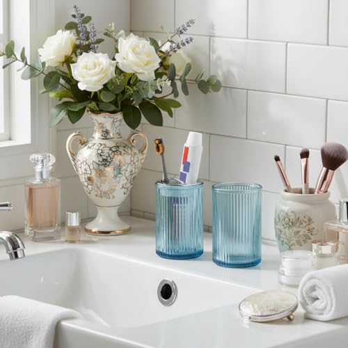 Toothbrush Holders for Bathrooms, 2pcs Glass Toothbrush Holder, 12oz Bathroom Tumbler and Mouthwash Cup, Tooth Brush and Toothpaste Organizer for Bathroom Vanity Countertop (Blue Silver) - color: Blue Silver