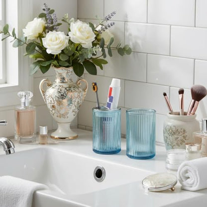 Toothbrush Holders for Bathrooms, 2pcs Glass Toothbrush Holder, 12oz Bathroom Tumbler and Mouthwash Cup, Tooth Brush and Toothpaste Organizer for Bathroom Vanity Countertop (Blue Silver) - color: Blue Silver
