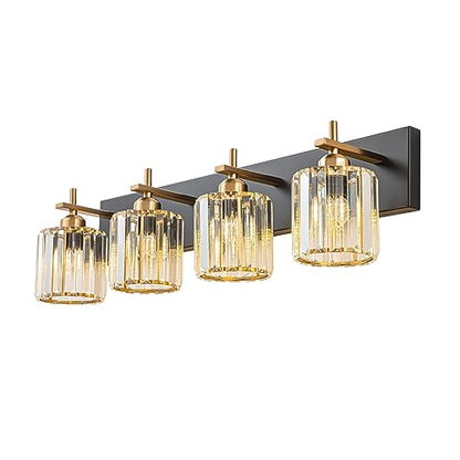 Black Gold Crystal Bathroom Vanity Light, Modern 4-Lights Bathroom Light Fixtures Over Mirror, Crystal Wall Lighting with Polished Gold Finish - color: Black Gold-Round Shade, size: 4-Light