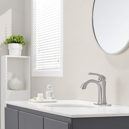 Brushed Nickel Single Hole Bathroom Faucet, Single Handle Brass Bathroom Sink Faucet, Lavatory Vanity Faucet for 1 or 3 Holes, Bathroom Faucets with Pop Up Drain and Supply Lines, Deck Plate - color: A-Brushed Nickel