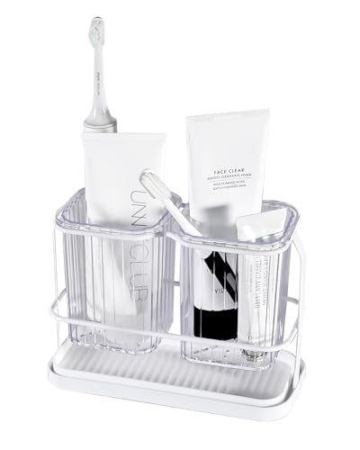 Clear Toothbrush Holders for Bathroom, 2 Cups Wall Mounted, Dry & Wet Separation, Organizers and Storage Set for Family Kids - color: White