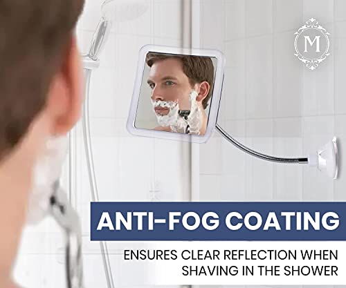 Anti Fog Flexible Gooseneck Shower Mirror, 6.3" x 6.3" | Fogless Shaving Mirror for Bathroom with Height Adjustable Gooseneck Extension, Upgraded Suction Cup & Shatterproof Surface