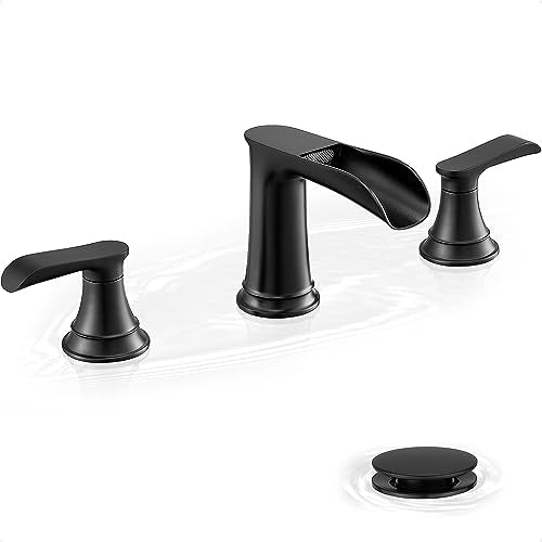 Black Waterfall Bathroom Faucet, Brass Widespread 3 Hole Vanity Faucet, 2 Handles Bathroom Sink Faucet Set, 8 Inch Bathroom Faucets for Sink Vanity Lavatory Farmhouse RV with Pop-Up Drain - color: Matte Black