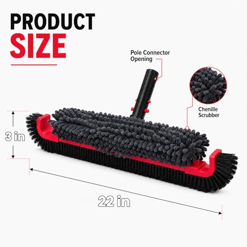 22" Extra Long Pool Brush with Chenille Scrubber | Heavy Duty Nylon Bristles, Curved Edges for Cleaning Corners, Safe for All Surfaces & Vinyl Liners, Fits Standard Poles