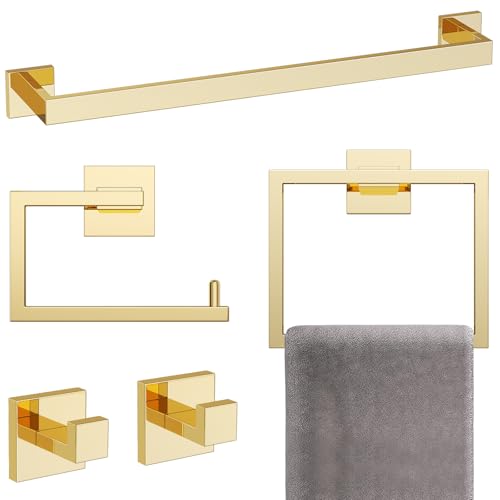 YACVCL 5-Piece Bathroom Hardware Accessories Set 23.6 inch Towel Bar Set Modern Towel Rack Set Stainless Steel Wall Mounted Bathroom Towel Holder Set(Bright Gold) - color: Bright Gold