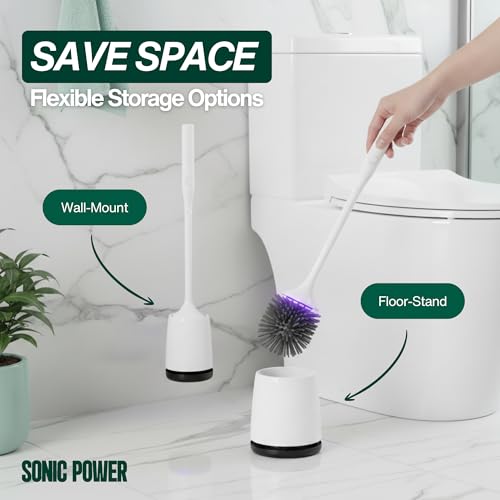 Electric Toilet Brush & Scrubber – Self Cleaning Silicone Toilet Bowl Brush with UVC Light, Rechargeable Wireless Spinning Toilet Brush & Holder Set, Wall Mount or Floor Standing (Pack of 1) | Spinning Toilet Bowl Brush & Holder with UV Sanitizing Light,
