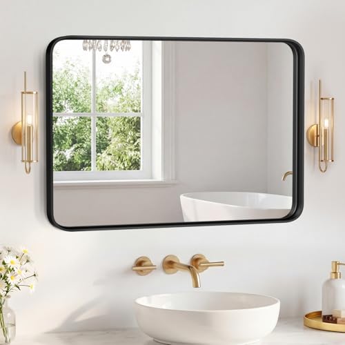 NEWBULIG 30"x40" Wall Mirror, Bathroom Mirrors for Over Sink, Black | Matte Metal Framed Vanity Mirror with Tempered Glass, Entryway, Living Room, Bedroom - color: Black-rect, size: 30"L x 40"W