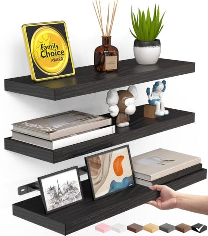BAYKA Floating Shelves for Wall, Wall Mounted Rustic Wood Shelves for Bathroom, Bedroom, Living Room, Kitchen, Hanging Shelf for Books/Storage/Room Decor with 22lbs Capacity (Black, Set of 3, 15.7in) | Easy Install, Space Saving, Hidden Bracket, Wall Shel