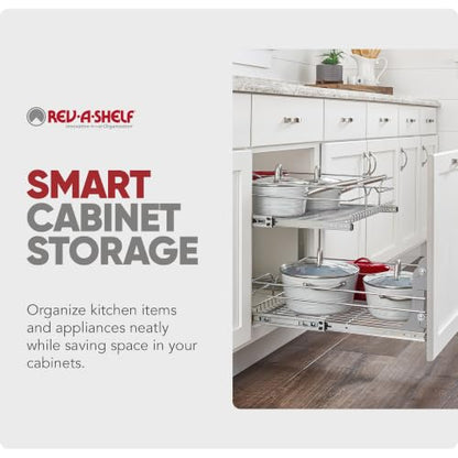 Rev-A-Shelf Pullout Organizer for Cabinets, Min Opening Width of 24" | Two-Tier Steel Shelf for Kitchen or Vanity Cabinet Organization, Heavy Gauge Wire Slide Out Storage Basket, 5WB2-2422-CR-1 - size: 24" W x 22"D, style: Two Tier