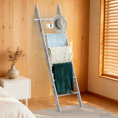 Farmhouse Wooden Blanket Ladder Living Room White 6-Tier | Blanket Rack Decorative Stand with Removable Hooks, Leaning Towel Quilt Rack Holder - color: White