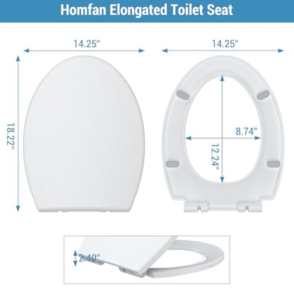 Soft Close Elongated Toilet Seat – White, Quick Release Hinges, Non-Slip Bumpers, Quiet, Easy to Clean – Fits Most American Standard Elongated Toilets – Easy Installation – White, Elongated, Regular - size: Elongated