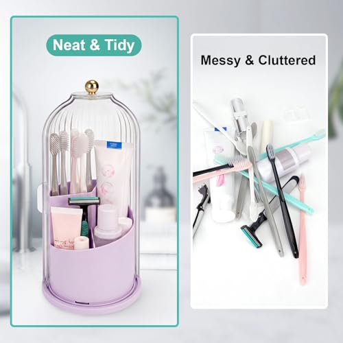 QIYVLOS Toothbrush Holders with Sliding Lid, Rotating 3 Slots Bathroom Organizer Countertop, Tooth Brush Toothpaste Holder Bathroom Counter Stand Sink Organizer for Makeup Brushes Holder (Purple) - color: Purple+transparent